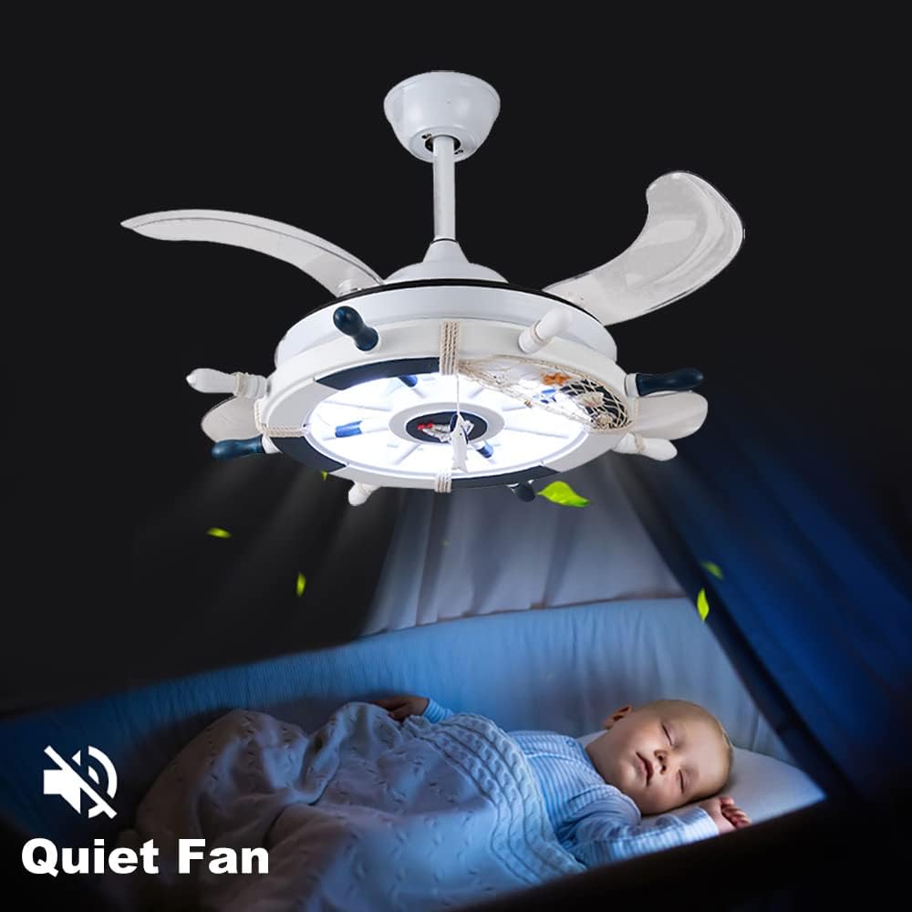 Nautical Ceiling Fan with Lights and Remote Control, LED Ceiling Fan, Reversible Fan Chandeliers for Kids' Room Nursery in White