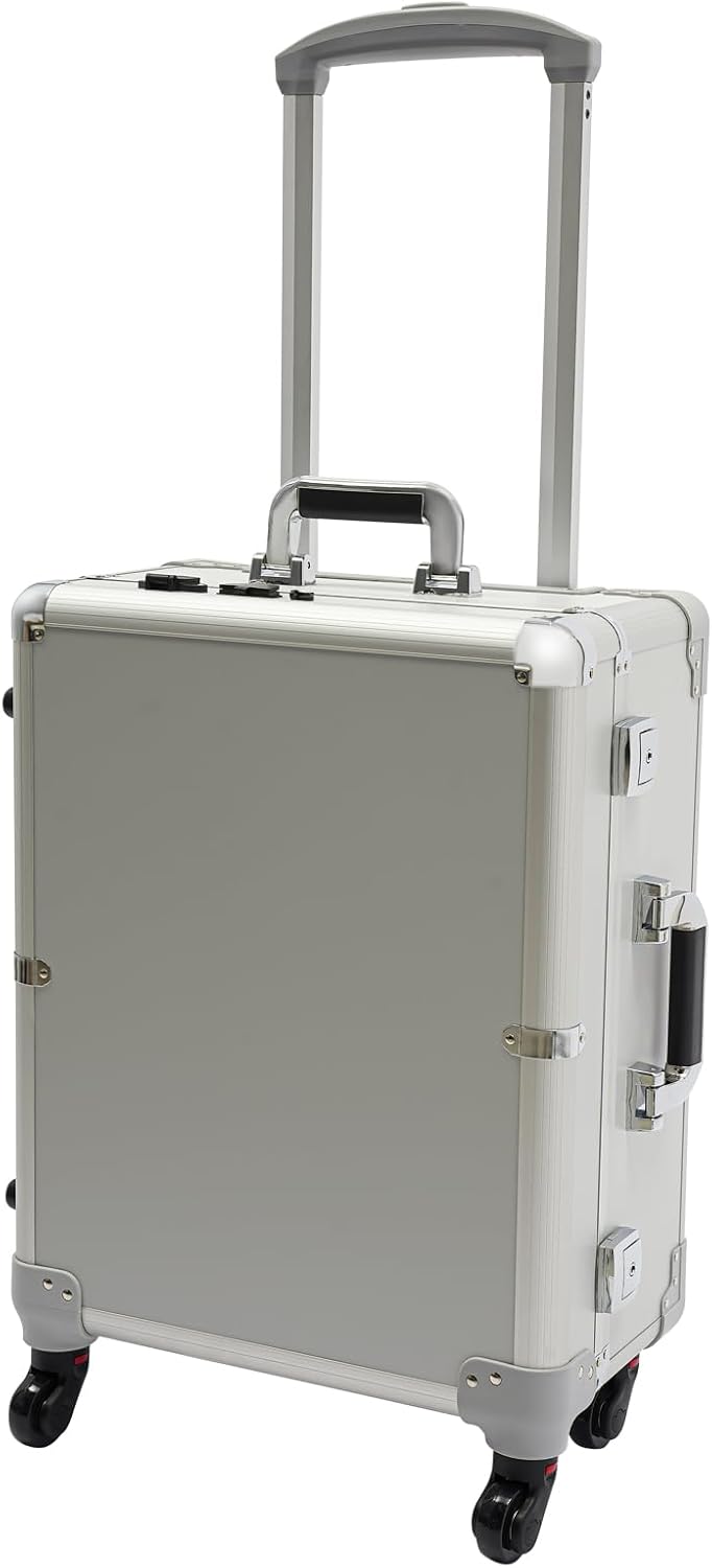 21'' Aluminum Lockable Makeup Travel Case, Rolling Makeup Train Case with LED Lights Mirror & Socket and Charging Ports, Makeup Vanity Station for Makeup Artists, Hairdressers, Beauticians (Silver)