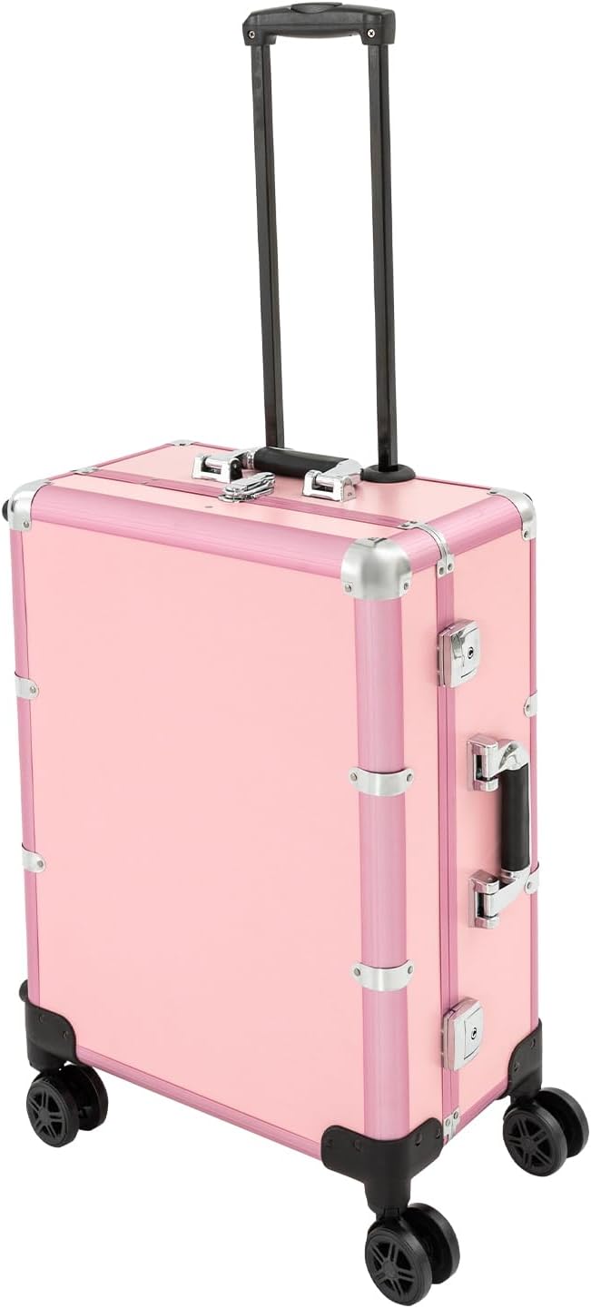 3 Tiers Rolling Makeup Train Case, Portable Makeup Vanity Station 12V Chargeable Cosmetic Trolley Lockable Storage Organizer with LED Light & Mirror & Wheels, Adjustable Height for Travel (Pink)