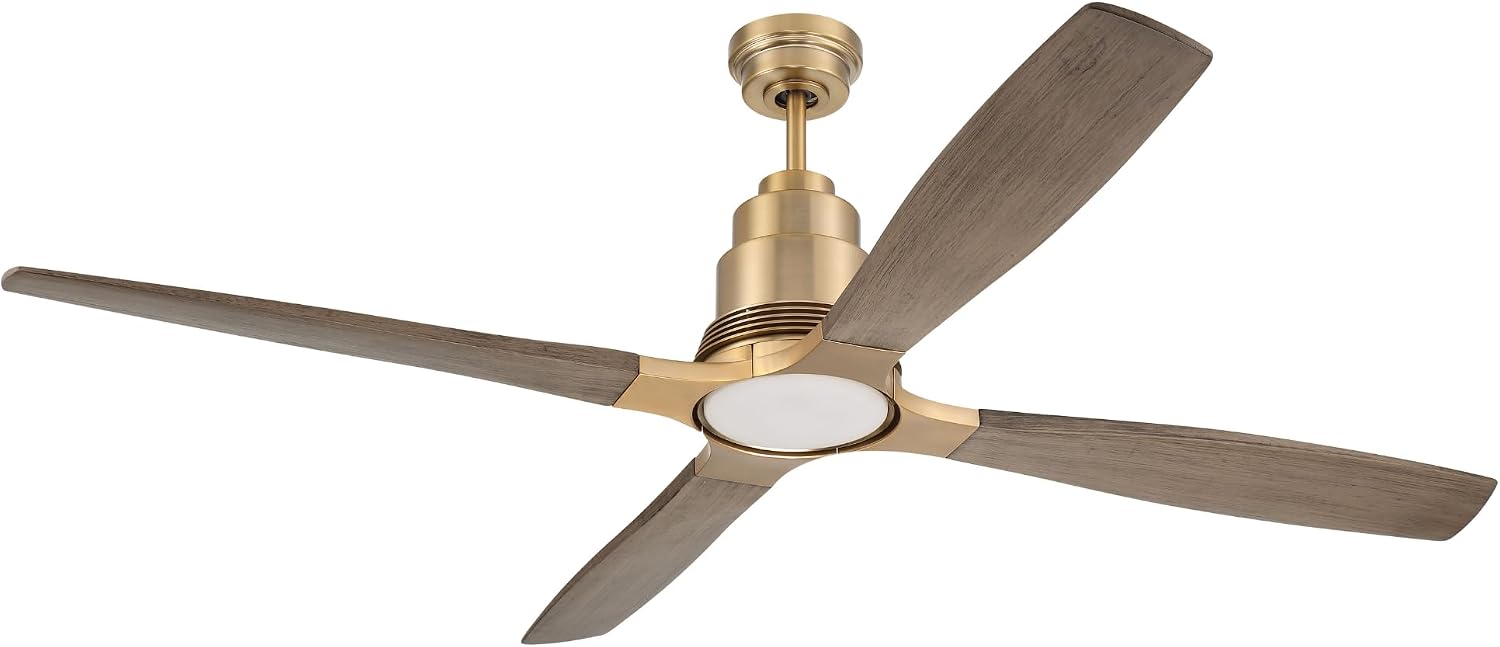 Craftmade RIC60SB4 | 60″ Satin Brass Ceiling Fan with Integrated LED Light (1005 Lumens, 3000K) | 4 or 2 - Blade Driftwood Finish | 6-Speed Reversible DC Motor | Dual-Mount Ceiling Fan | Indoor Use