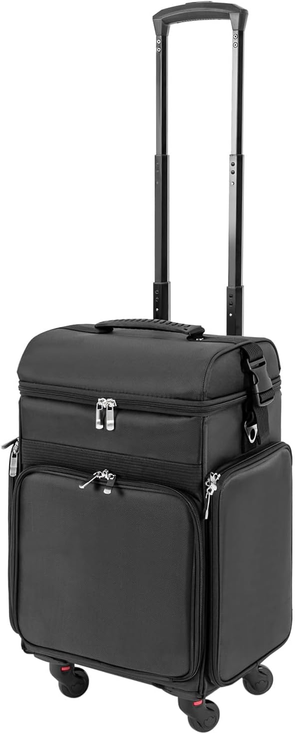 Rolling Makeup Train Case, Professional Soft Sided Makeup Case with Detachable Pouch and Wheels, Trolley Cosmetology Cosmetic Makeup Case for Hairdressing Makeup Tools