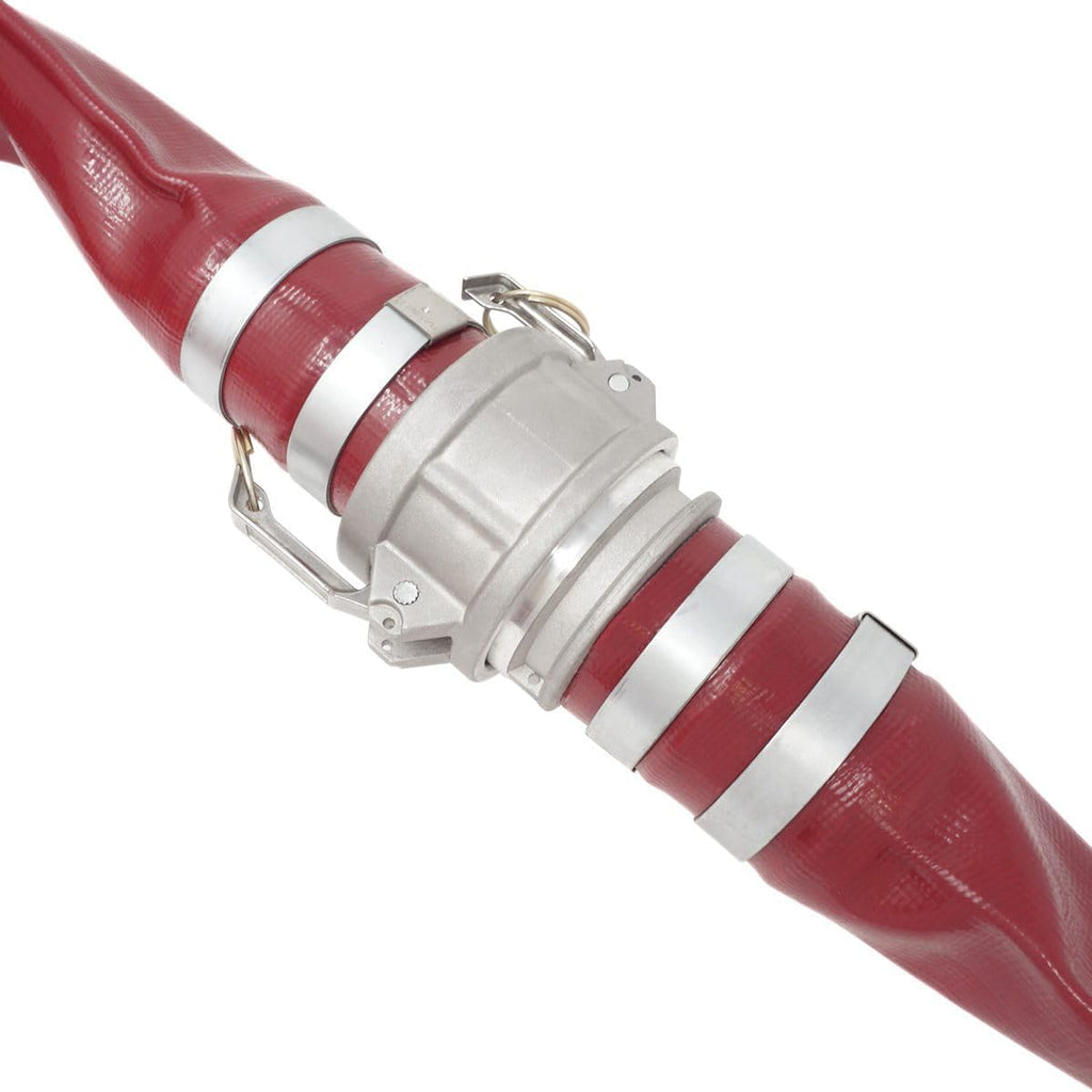 Gloxco 4' x 25′ Red Heavy Duty Lay Flat PVC Discharge Hose Assembly with Aluminum Cam and Groove C and E Fittings