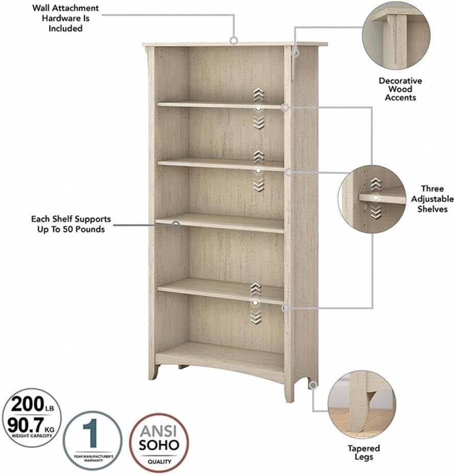 Bush Home Salinas Tall 5 Shelf Bookcase - Set of 2 in Antique White, Vertical Office Storage, Bookshelves for Home Workspace, Multi-Purpose Shelving Units