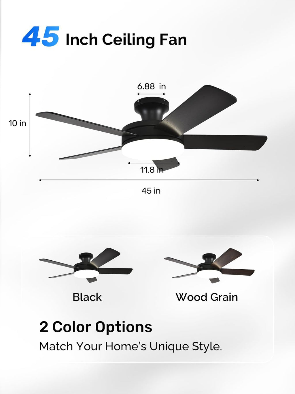 Orison Ceiling Fans with Lights, 45 Inch Low Profile Ceiling Fan with Light and Remote/APP Control, RGB Backlight & LED 3CCT Dimmable, DC Reversible Motor, 6 Speeds, 5 Reversible Blades