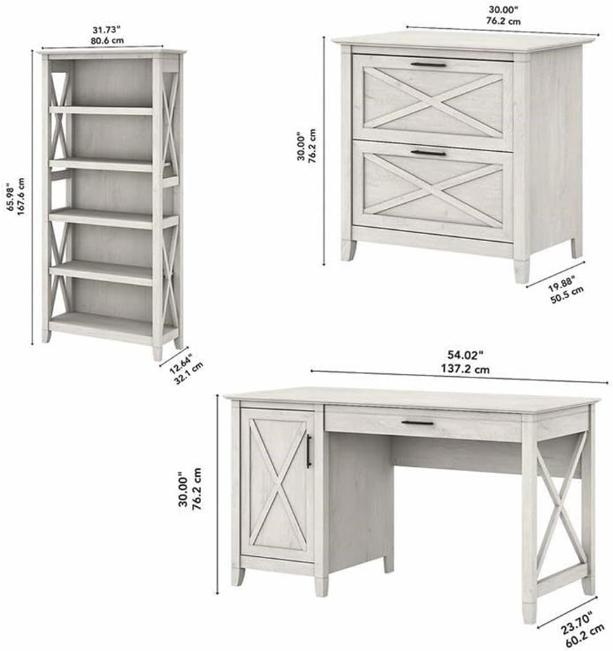Bush Home Key West 54W Computer Desk with 2 Drawer Lateral File Cabinet and 5 Shelf Bookcase in Linen White Oak