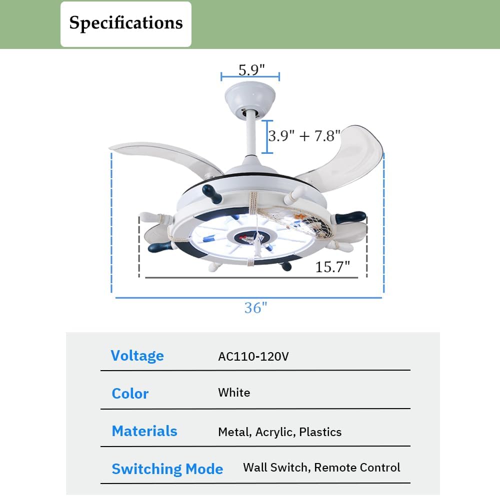 Nautical Ceiling Fan with Lights and Remote Control, LED Ceiling Fan, Reversible Fan Chandeliers for Kids' Room Nursery in White