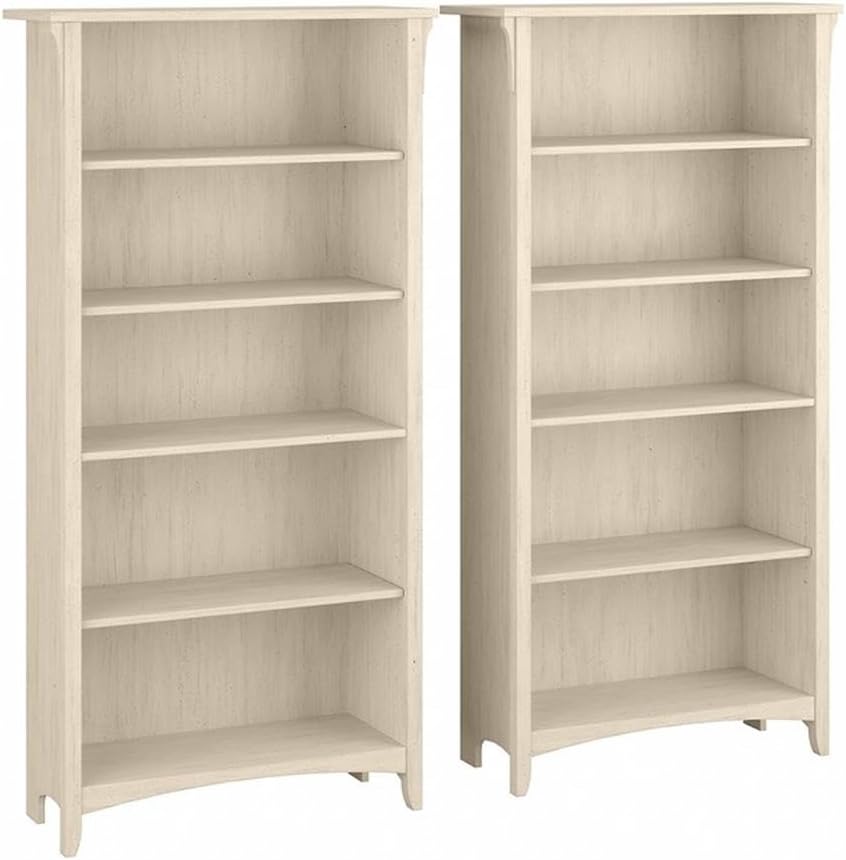 Bush Home Salinas Tall 5 Shelf Bookcase - Set of 2 in Antique White, Vertical Office Storage, Bookshelves for Home Workspace, Multi-Purpose Shelving Units
