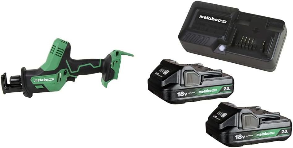 Bundle of Metabo HPT 18V MultiVolt™ Cordless Reciprocating Saw + CR18DAQ4 + Metabo HPT 18V 2-Pack Batteries and Charger Kit | 2.0 Ah Batteries Include Charge Indicator | UC18YKSLS