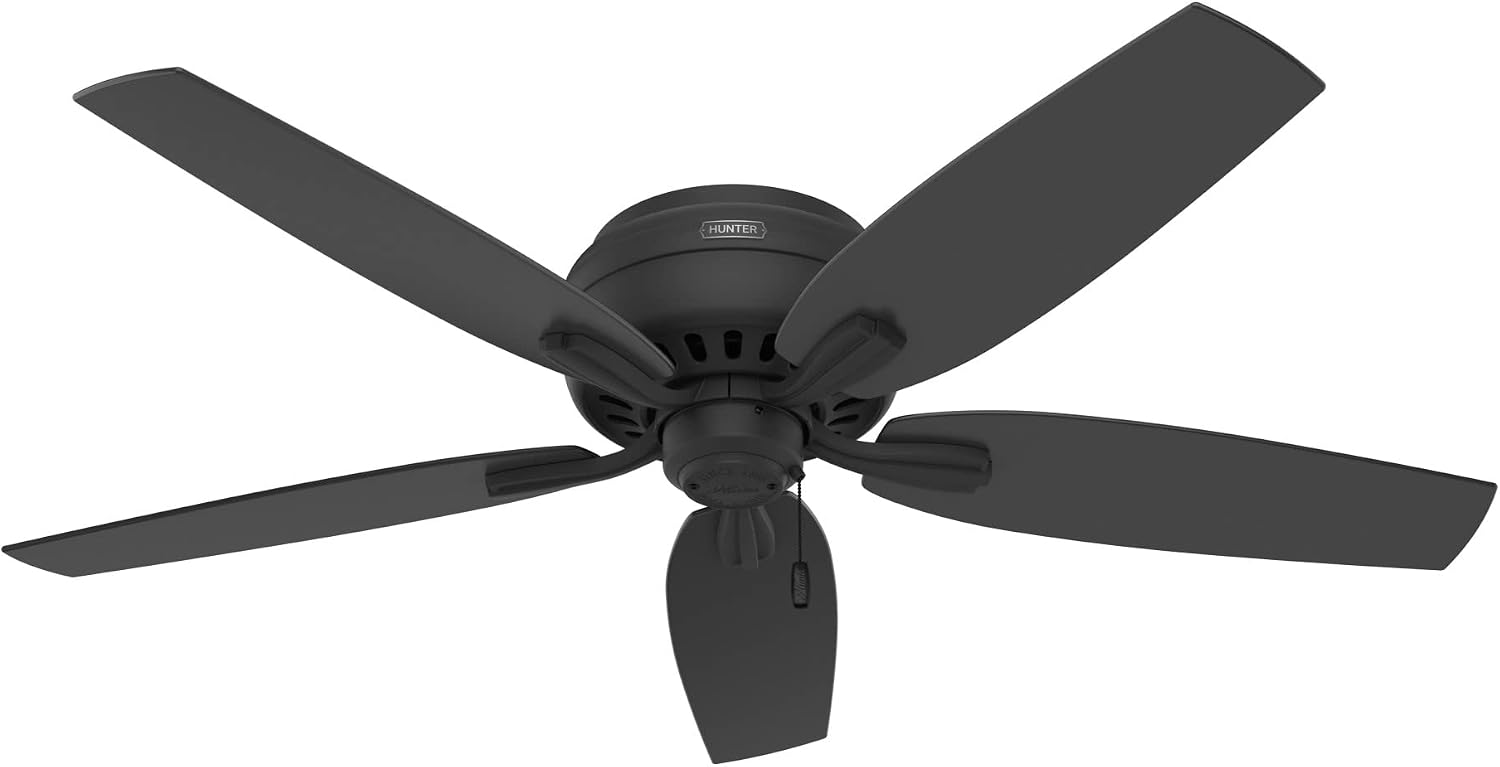 Hunter 52 inch Indoor Ceiling Fan with LED Light - Black Ceiling Fan with Pull Chain, For Bedroom or Living Room, Low Profile Flush Mount, 5 Blades, Includes Bulbs - Newsome 52396, Matte Black