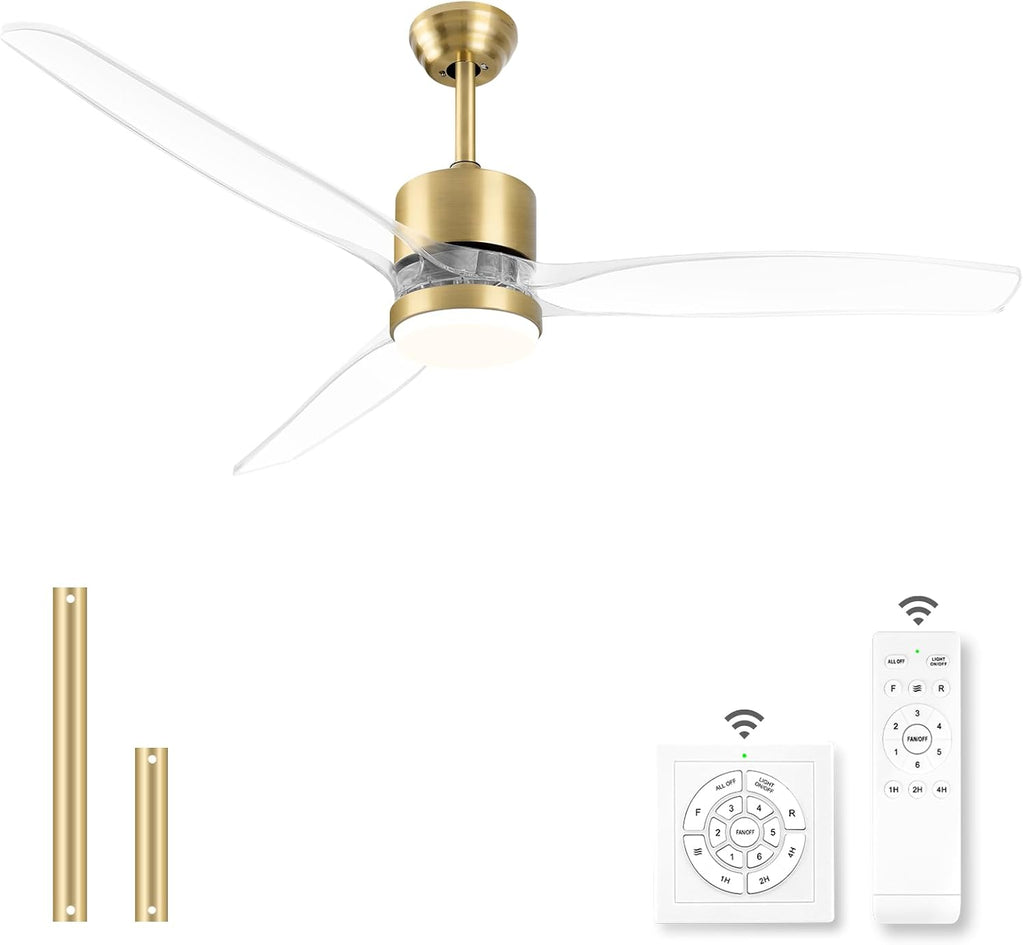 OKELI Clear Ceiling Fan with Light, 52 Inch Gold Transparent Ceiling Fans with Light and Remote 3 Reversible Blade LED Ceiling Fan and Light Combo for Living Room, Bedroom, Patio