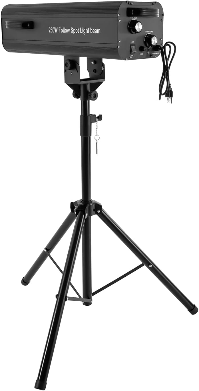 LED Stage Spotlight 230W 110V, DJ LED Lighting Follow Spot with Tripod Bracket Manual Control Follow Spot Light Adjustable Aperture 6 Colors for Party Disco Clubs Stage Effect (230W)