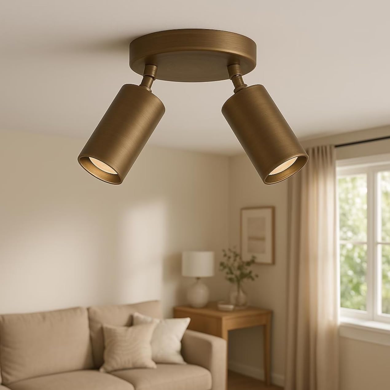 Modern Brass Adjustable Ceiling Spotlight – 2 Light Directional Ceiling Fixture, Dual Head Metal Spot Light for Living Room Bedroom Hallway Kitchen Indoor Lighting (Aged Brass)