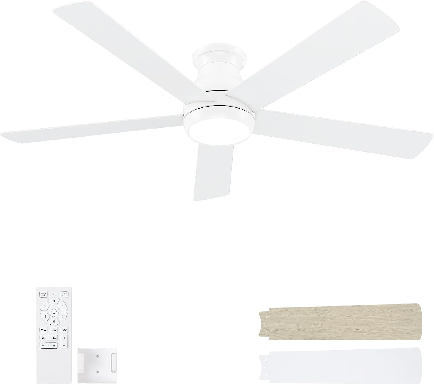 POCHFAN 60 Inch White Ceiling Fans with Lights and Remote, LED Low Profile Flush Mount Ceiling Fan for Bedroom, Living Room, Quiet DC Motor, Dimmable 6 Speeds