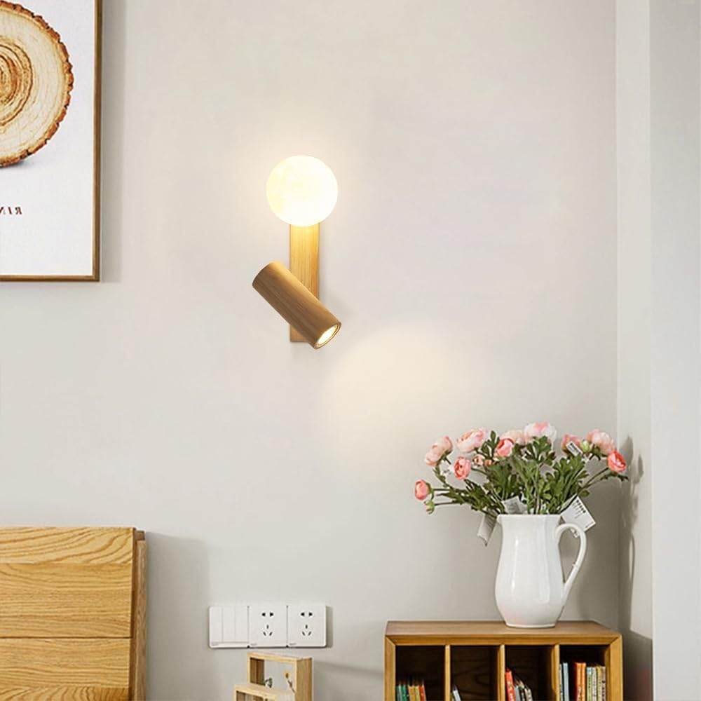 Modern Nordic Solid Wood Wall Sconce Minimalist Globe Acrylic Shade Mount Light with Small Rubber Wood Spotlight Indoor Cozy Ambient Wall Lamp for Living Room Hallway