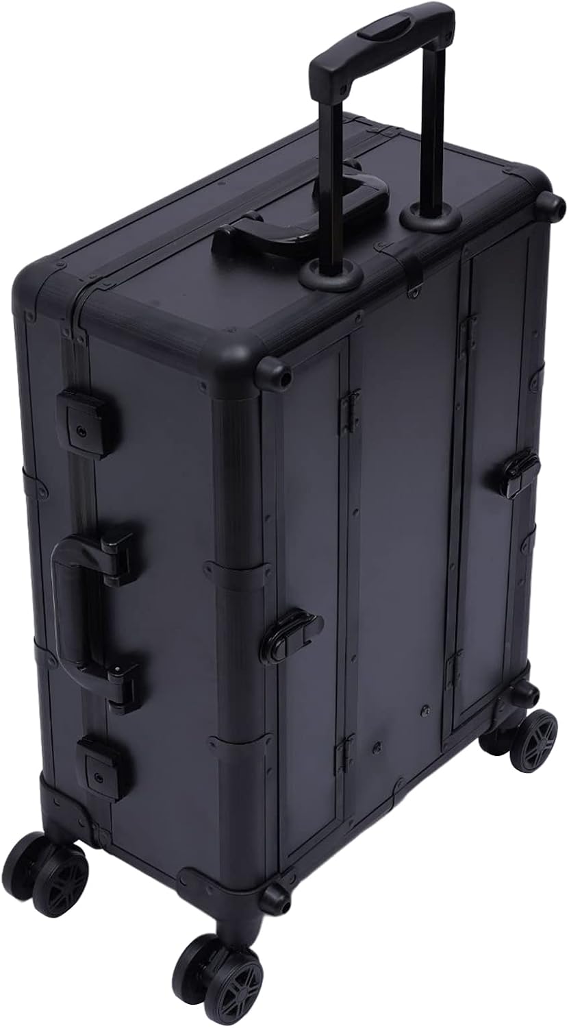 3-Tier Rolling Makeup Train Case, Aluminum Salon Cosmetic Trolley Organizer with LED Light & Mirror & 4 Wheels Adjustable Height Professional Large Storage Travel Beauty Luggage Black