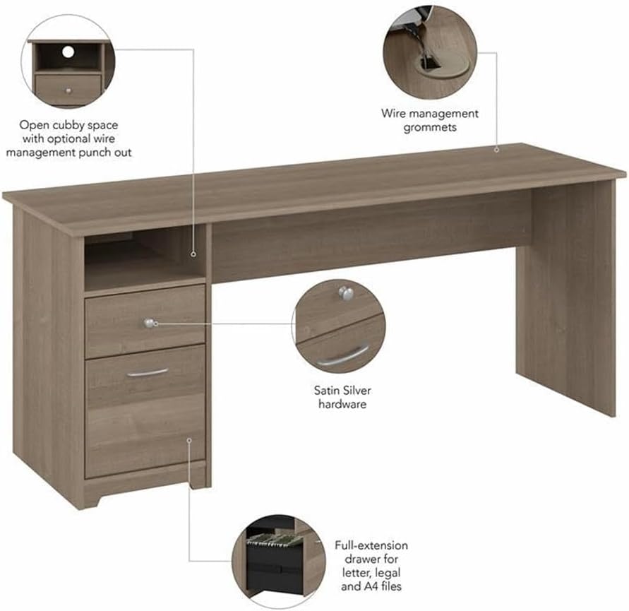 Bush Furniture Cabot 72W Computer Desk with Drawers in Ash Gray, Large Work Table and Built-in Storage for Home Office, 6 Foot Long Desktop