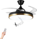 Retractable Ceiling Fan with Lights, 42' Fandelier, Black and Gold Bluetooth Ceiling Fan, Invisible Blades, Dimmable Chandelier Ceiling Fan with Remote Control