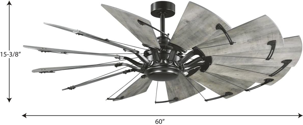 Progress Lighting Springer Collection DC Motor Farmhouse Windmill Ceiling Fan, Matte Black, 12-Blade (60' W x 17-3/8' H) P250000-31M