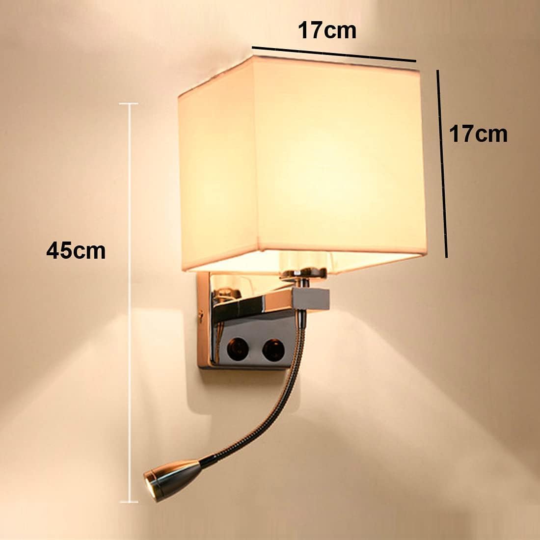 Wall Lamps with LED Reading Light, Bedside Sconce with Switch, Lamp Fabric Lampshade with 2 Points, Adjustable Indoor Spotlights, Brown