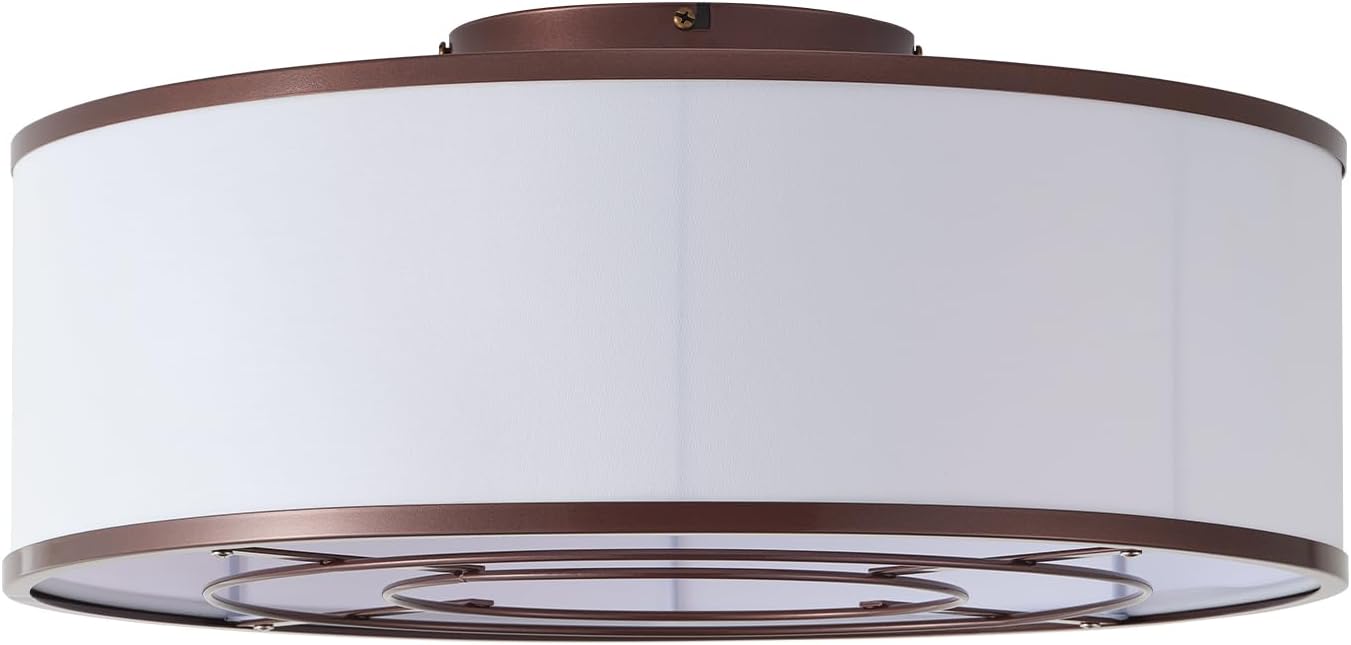 Caged Low Profile Ceiling Fans with Lights, Bladeless Ceiling Fan with lights Remote, Flush Mount Modern Enclosed with 6 Speeds for Bedroom, Kitchen (Brown)