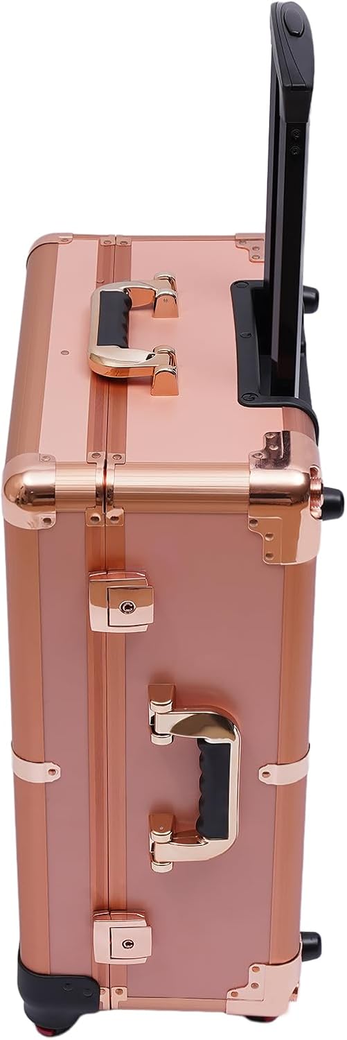 Makeup Train Case, 22' Aluminum Rolling Makeup Train Case with Mirror & 8 Led Bulbs, Adjustable Light Color Brightness& Height Cosmetic Travel Box for Make-Up Artist Hairdresser Nail Technician