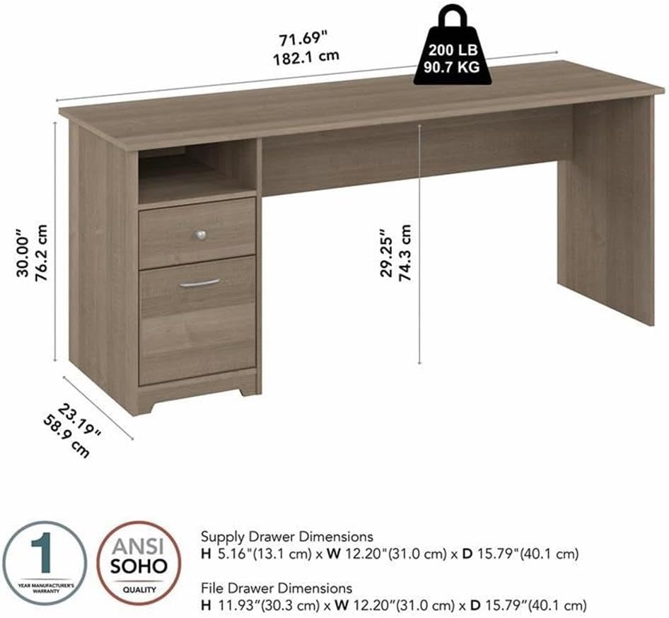 Bush Furniture Cabot 72W Computer Desk with Drawers in Ash Gray, Large Work Table and Built-in Storage for Home Office, 6 Foot Long Desktop