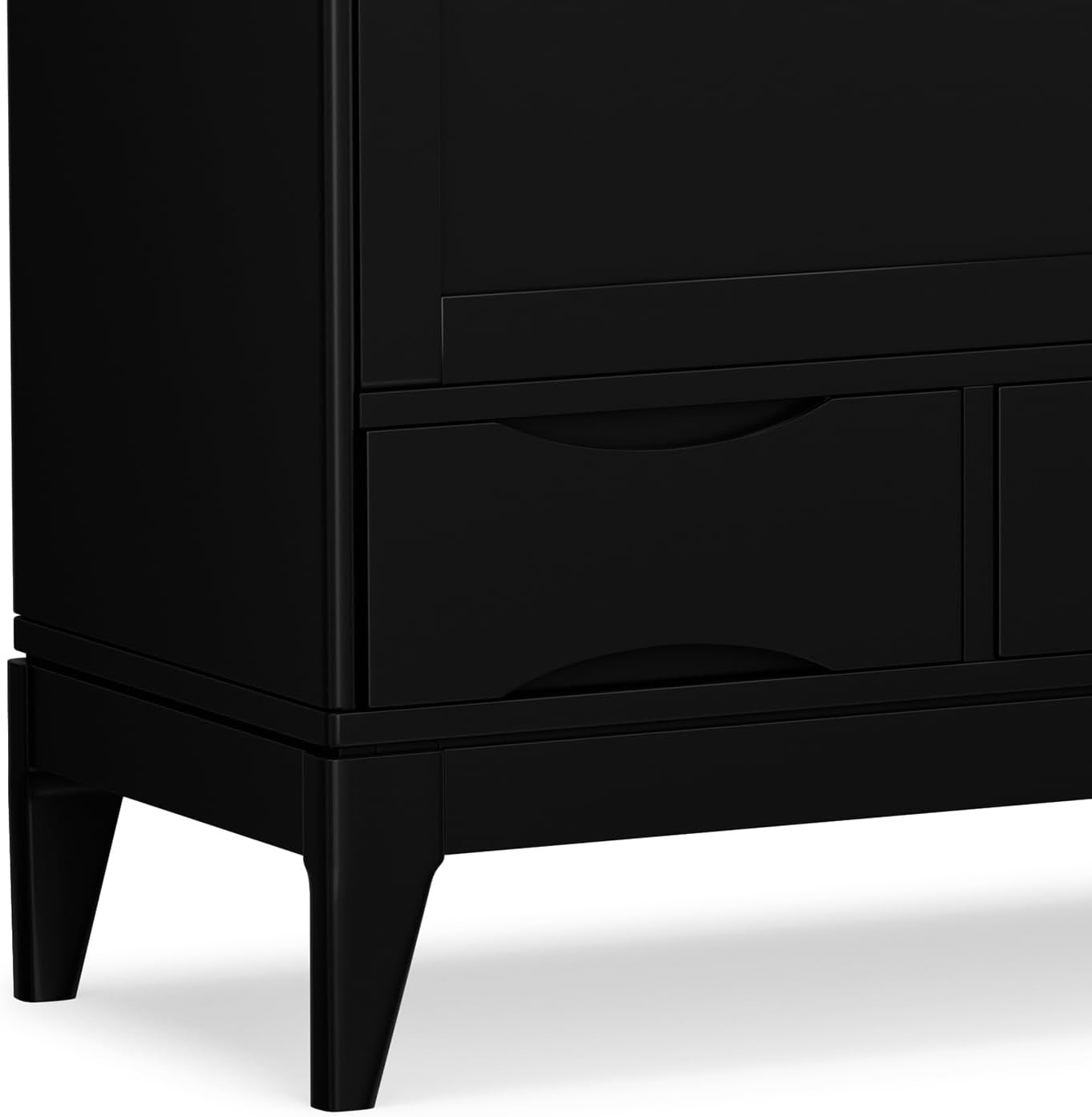 SIMPLIHOME Harper Medium Storage Cabinet - 48 inch Wide Solid Hardwood Sliding Door Cabinet in Black, Mid-Century Modern Cupboard for Living Room or Entryway with 3 Drawers and Tapered Legs