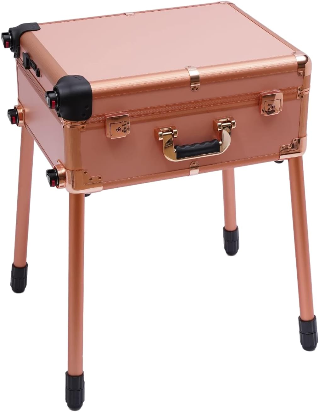 3-Tiers Rolling Makeup Train Case, Professional Makeup Train Case With Wheels Trolley Salon Barber Cosmetic Train Trolley w/LED LIght & Keys & Mirror for Make Up Hairstylists Nail Tech (Rose Gold)