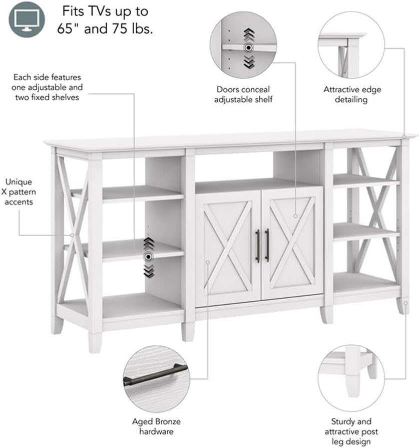 Bush Home Key West Tall TV Stand for 65 Inch TV in Pure White Oak, Farmhouse Entertainment Center with Storage