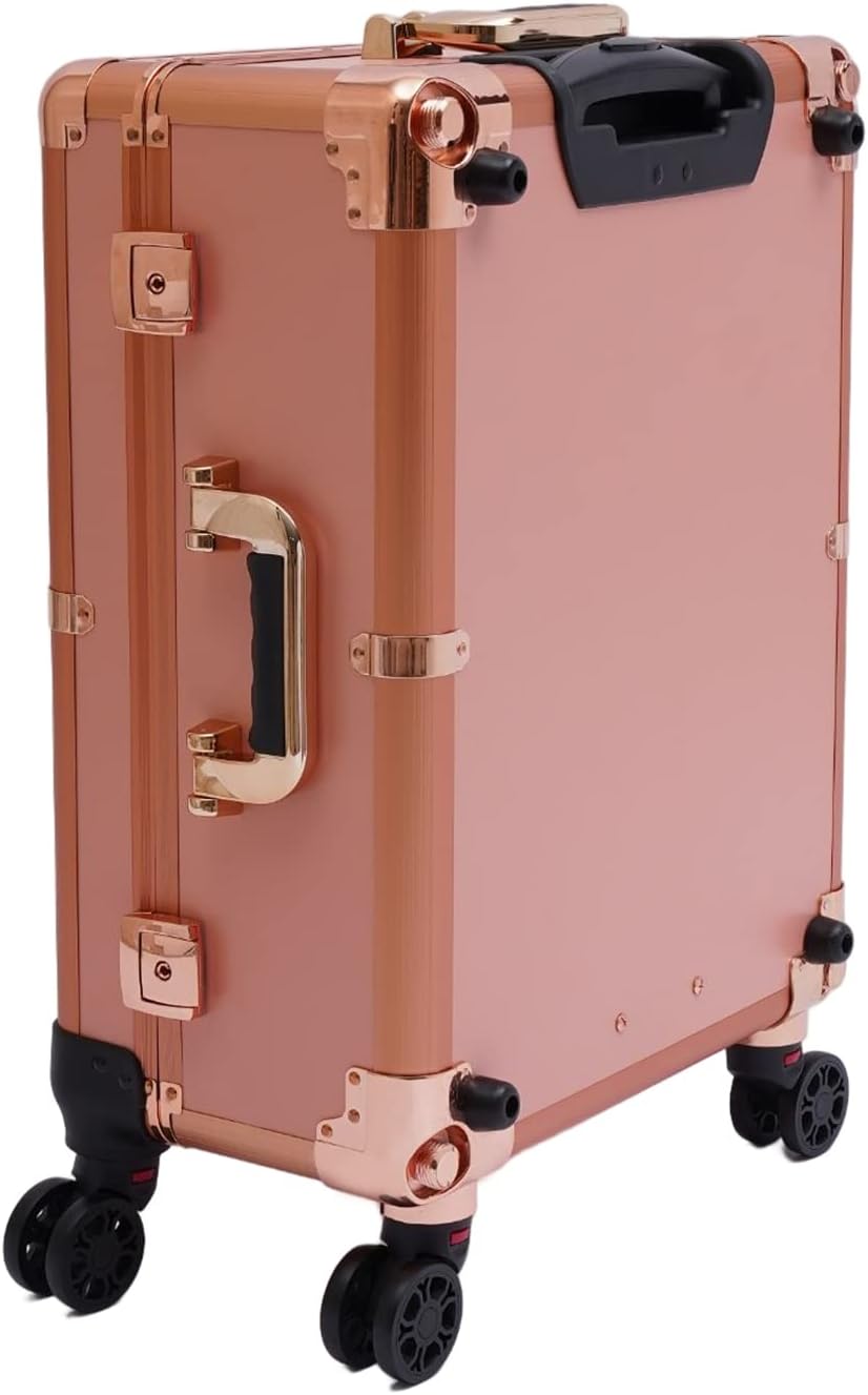 Aluminum Rolling Makeup Train Case with 8 LED Light Mirror Portable Lighted Makeup Vanity Station with Wheels and Stands, Lockable Professional Cosmetic Trolley for Travel (Rose Gold)