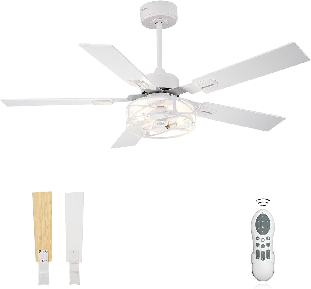 YOUKAIN Ceiling Fans with Lights, 48 Inch Farmhouse Ceiling Fans with Lights and Remote, 5-Reversible, White Finish, Outdoor Ceiling Fan for Indoor/Outdoor Use, 48-YJ632-WHW