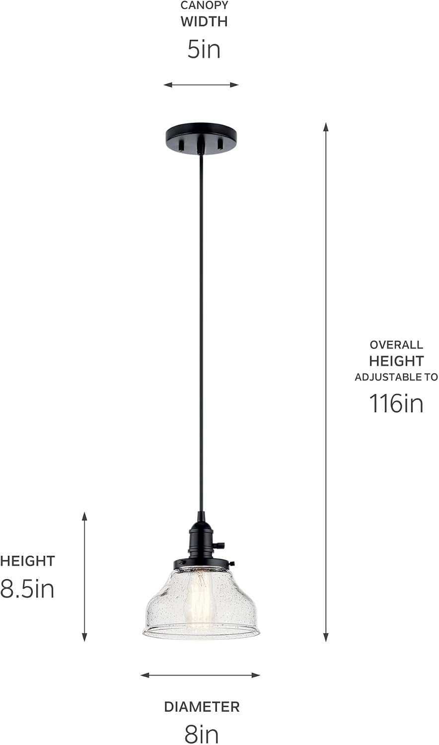 Kichler Avery Bell Mini Pendant Light Fixture with Clear Seeded Glass, Single Industrial Hanging Light in Black for Kitchen Island, Living Room, or Bedroom (8' x 8.5'), 43850BK