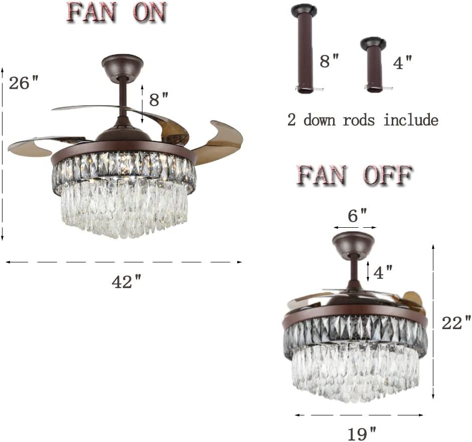 42' Crystal Fandelier Ceiling Fan, Brown Crystal Chandelier Fan, Ceiling Fans with Retractable Blades Lights and Remote with 3 Colors 3 Speeds for Dinning Room Bedroom