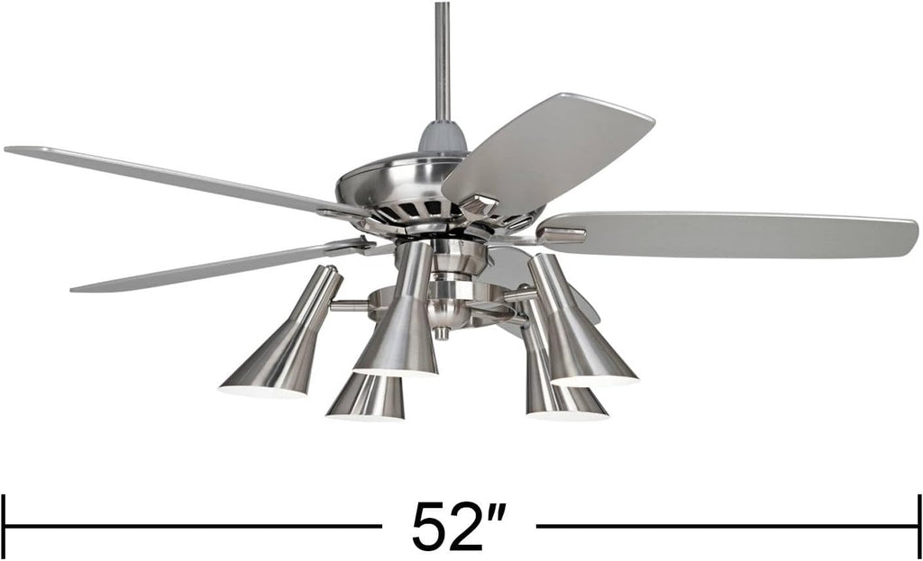 Casa Vieja 52' Journey Modern Industrial Indoor Ceiling Fan with Light Kit LED Dimmable Remote Control Brushed Nickel Blade 5-Light for House Bedroom Living Room Home Kitchen Dining Office