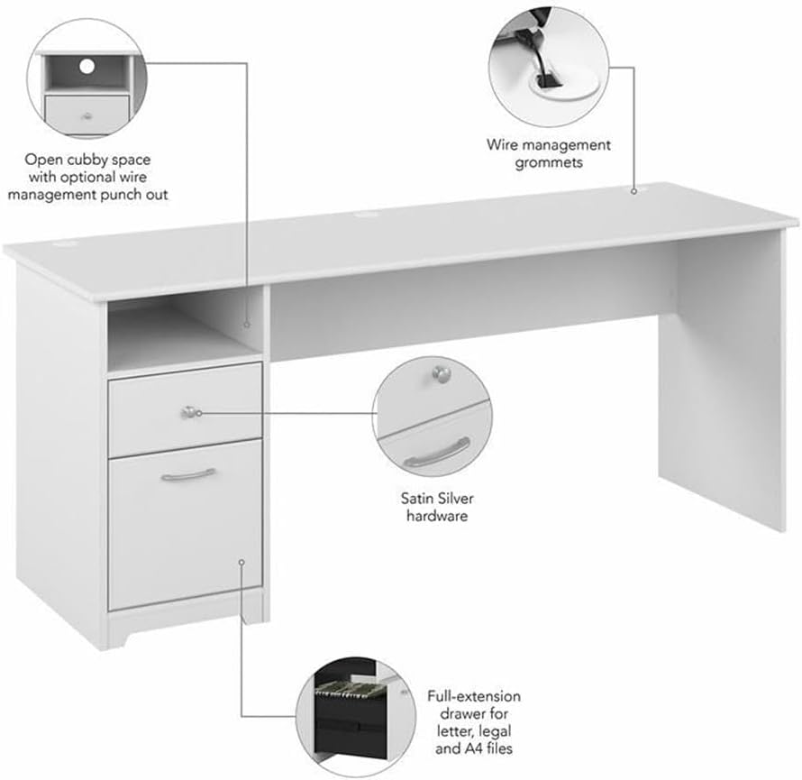 Bush Furniture Cabot 72W Computer Desk with Drawers in White, Large Work Table and Built-in Storage for Home Office, 6 Foot Long Desktop
