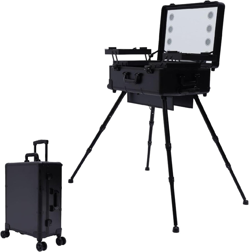 Rolling Makeup Case with LED Mirror & 3 Light Colors, 22'' Aluminum Trolley Makeup Train Case with Reinforced Lock, Cosmetic Organizer Case for Hairstylist (Black)