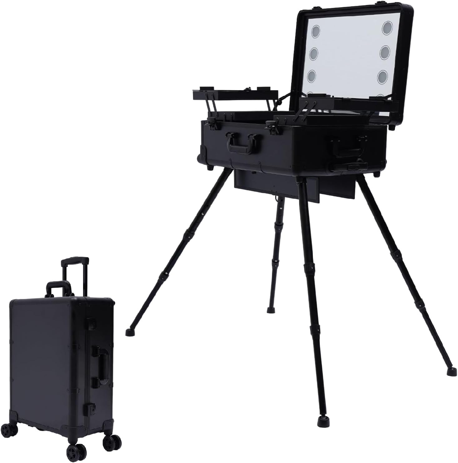 Rolling Makeup Case with LED Mirror & 3 Light Colors, 22'' Aluminum Trolley Makeup Train Case with Reinforced Lock, Cosmetic Organizer Case for Hairstylist (Black)