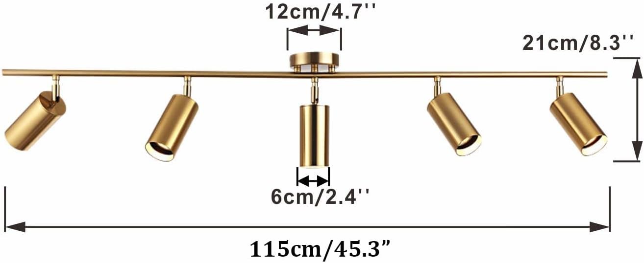 KCO Lighting Modern 5-Lights LED Track Lighting Kit Brushed Brass Kitchen Ceiling Spotlights Light Fixture Mid Century Gold Adjustable Flush Mount Ceiling Spot Light (5 Lights)