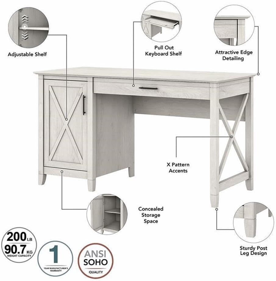 Bush Home Key West 54W Computer Desk with 2 Drawer Lateral File Cabinet and 5 Shelf Bookcase in Linen White Oak