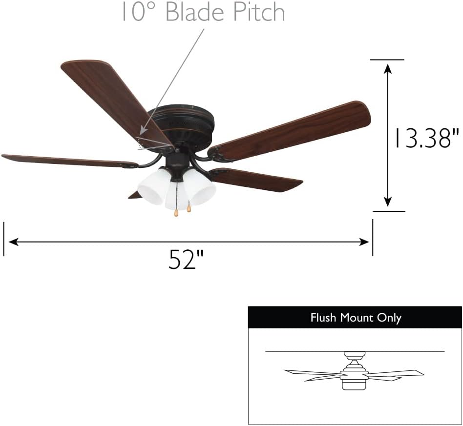 Design House 157388-ORB Millbridge 52-Inch Traditional 3-Speed, 5-Blade LED Indoor Hugger/Low Profile Ceiling Fan with LED Light Kit, Reversible Blades, Reverse Airflow, Oil Rubbed Bronze