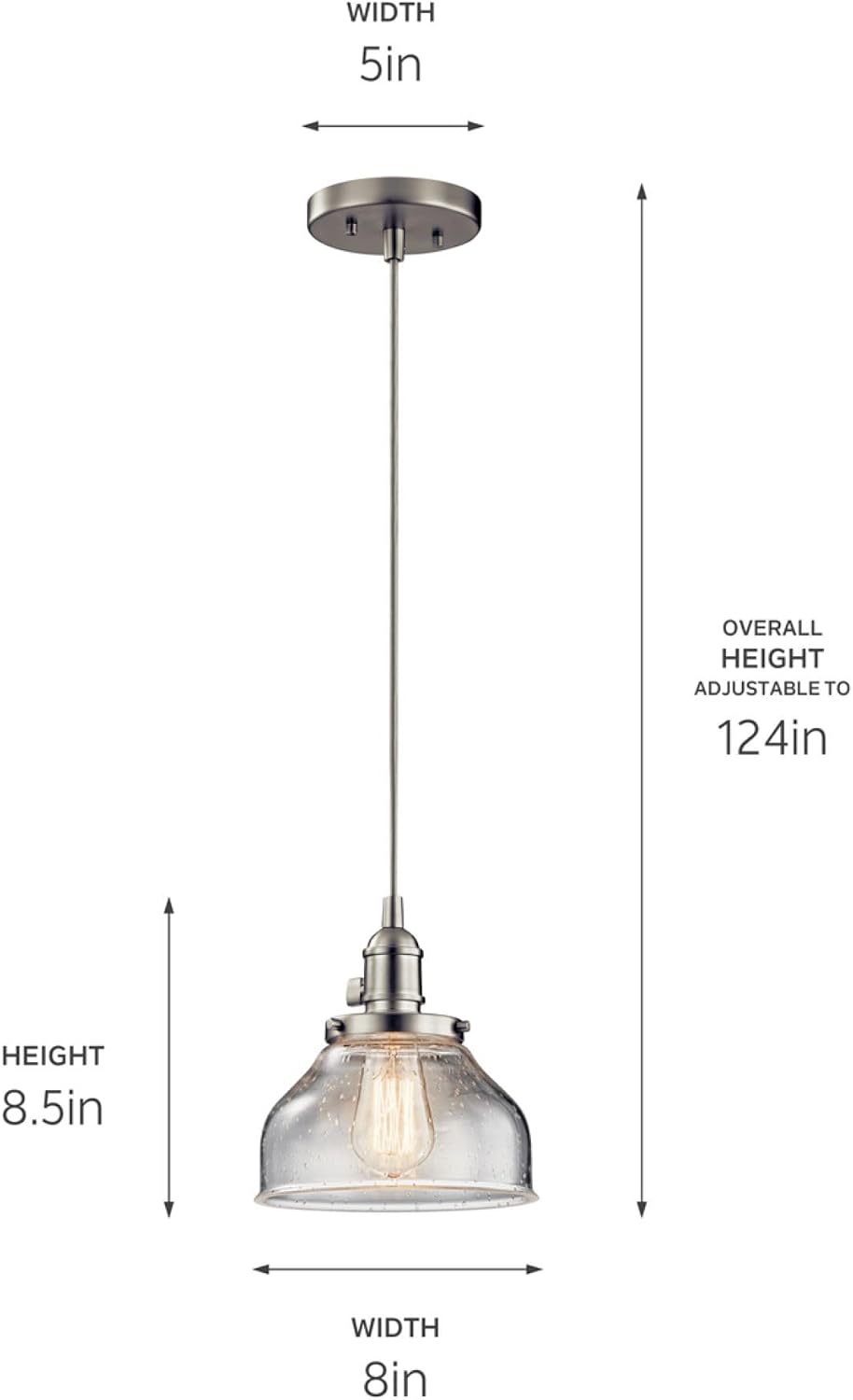 Kichler Avery 1-Light Bell Mini Pendant Light Fixture with Clear Seeded Glass in Brushed Nickel for Kitchen Island Lighting or Dining Room Hanging Lamp (8.5' x 8'), 43850NI