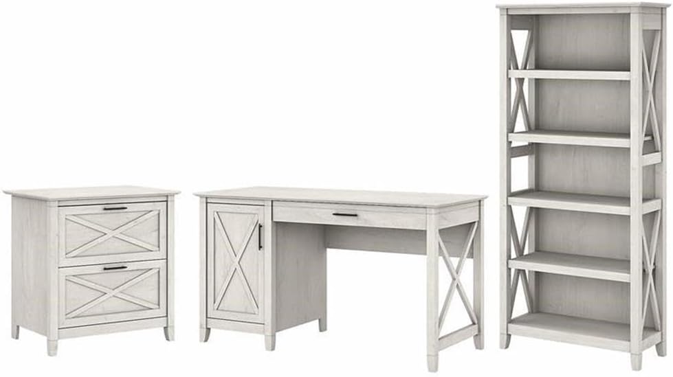 Bush Home Key West 54W Computer Desk with 2 Drawer Lateral File Cabinet and 5 Shelf Bookcase in Linen White Oak