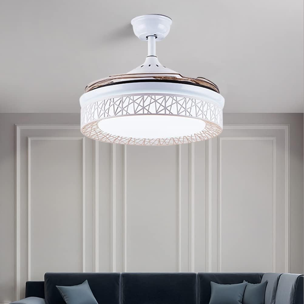 Fandian 42 Inch Modern Ceiling Fans with Light Retractable Blades LED Ceiling Fan 3 Color Change Lighting Chandelier with Remote Control (White)