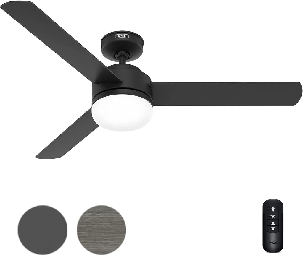 Hunter Fan 52 inch Indoor Ceiling Fan with LED Light, Matte Black Ceiling Fan with Remote, For Bedroom, Office, Kitchen, Living Room, 3 Blades (Renewed)