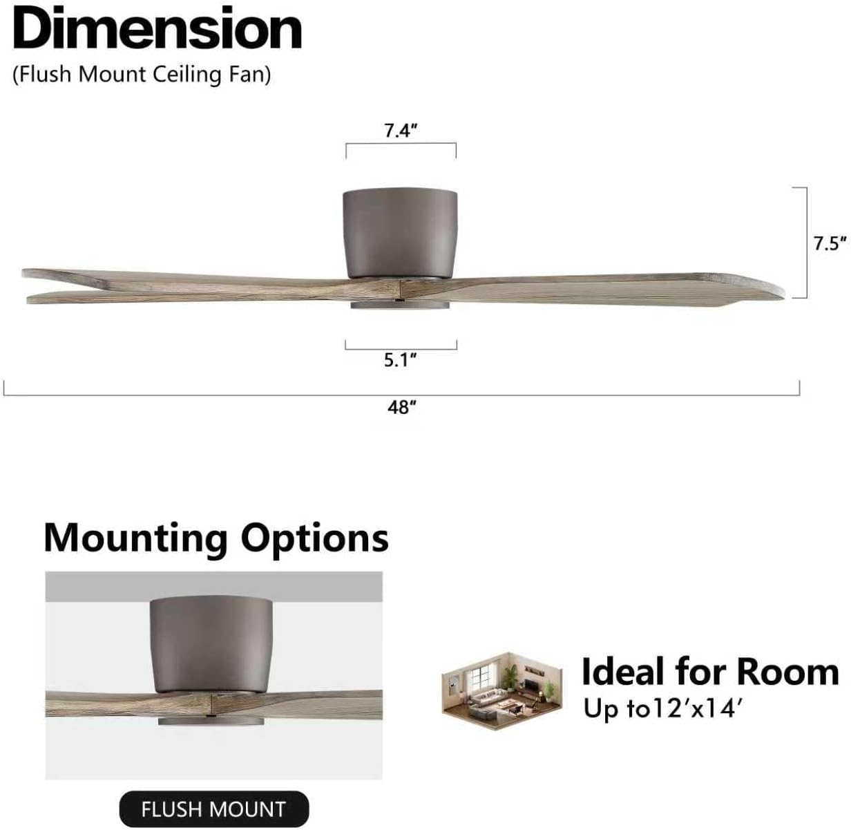 WINGBO 48' Flush Mount DC Ceiling Fans without Lights, 5 Carved Solid Wood Blades, 6-Speed Reversible DC Motor, Low Profile Hugger Ceiling Fan No Light for Living Room Bedroom Patio, Graphite and Gray