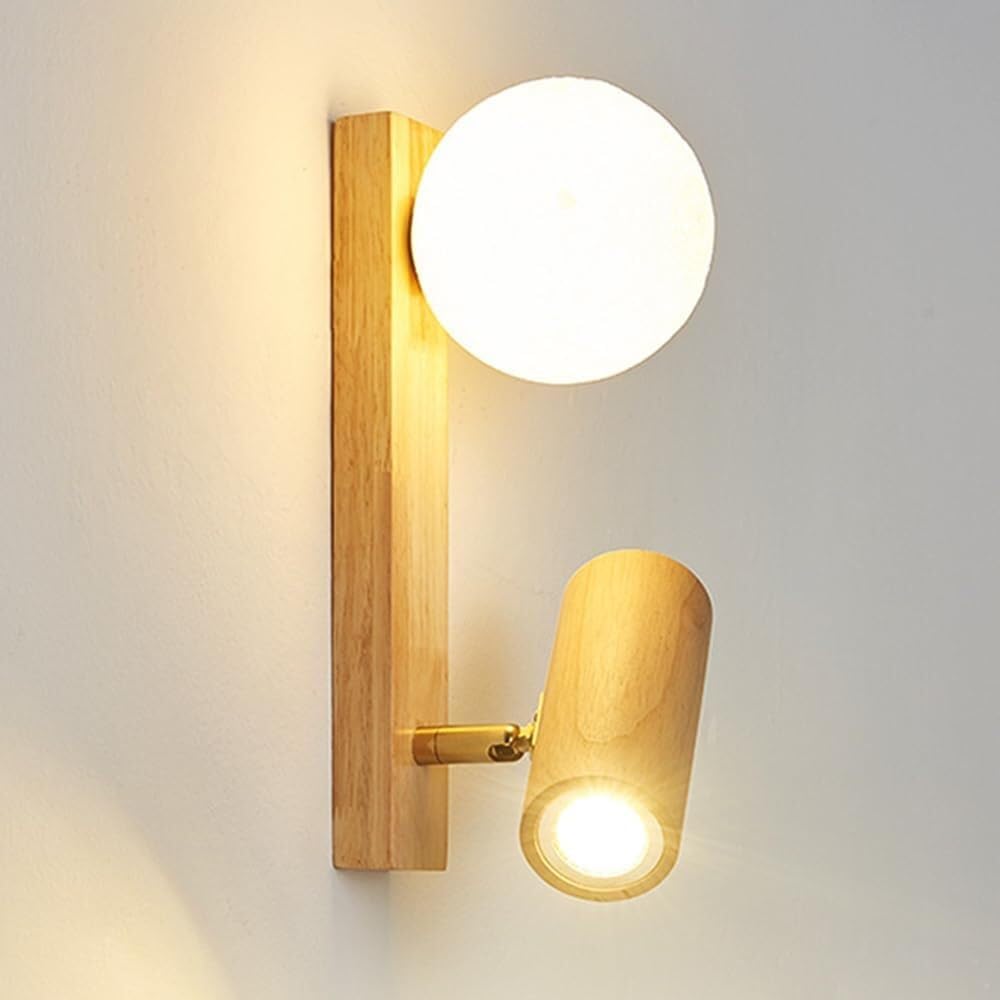 Modern Nordic Solid Wood Wall Sconce Minimalist Globe Acrylic Shade Mount Light with Small Rubber Wood Spotlight Indoor Cozy Ambient Wall Lamp for Living Room Hallway