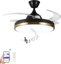 42' Retractable Ceiling Fan with Lights & Bluetooth Speaker Color Changing LED,Black and Gold, Alexa and Google App Control,Invisible Blades, Dimmable Fandelier Chandelier with Remote Control