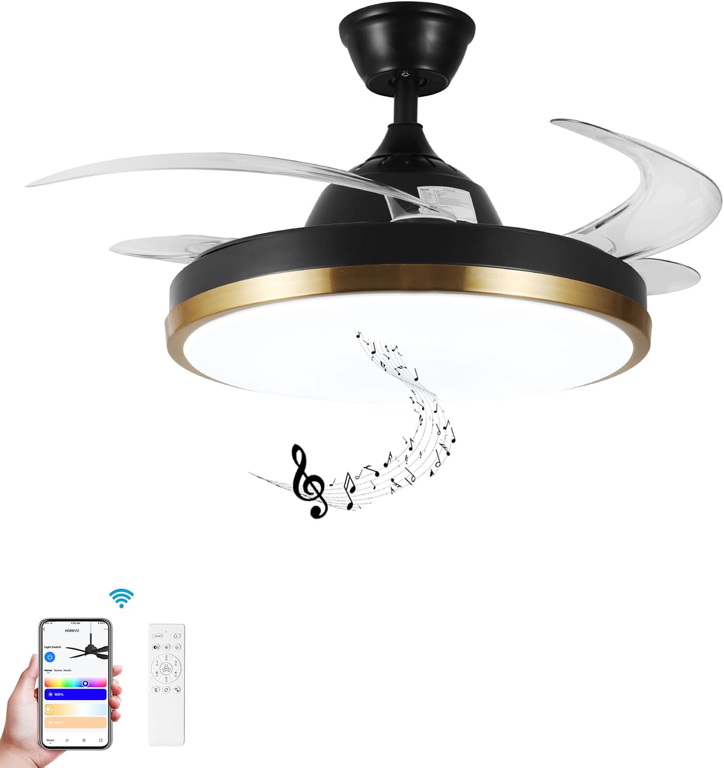 42' Retractable Ceiling Fan with Lights & Bluetooth Speaker Color Changing LED,Black and Gold, Alexa and Google App Control,Invisible Blades, Dimmable Fandelier Chandelier with Remote Control