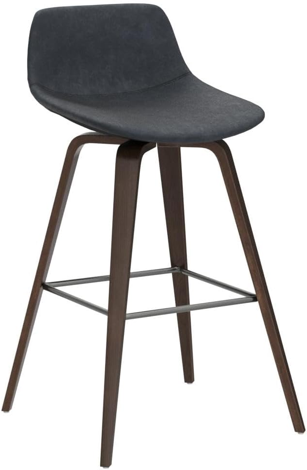 SIMPLIHOME Randolph Counter Stools (Set of 2) - 28 Inch Seat Height Upholstered Bentwood Kitchen Seats in Distressed Blue Vegan Faux Leather, Mid Century Seating with Curved Backrest and Footrest