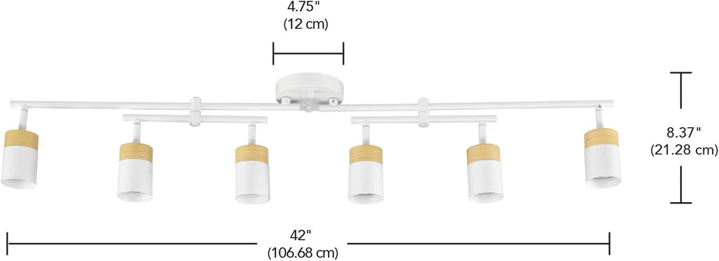 Globe Electric 64000055 42' 6-Light Track Lighting, Double Center Swivel Bar, Matte White, Wood Toned Accents, Ceiling Light, Pivot Shades, 6 Bulb, Kitchen Lights, GU10 Sockets